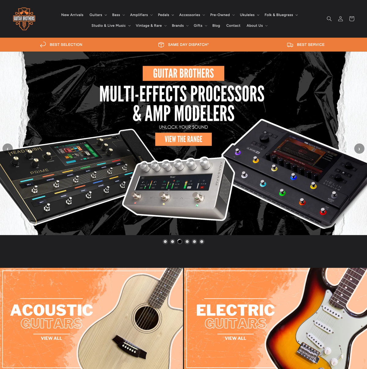 Guitar Brothers homepage: full category navigation, service bar, hero slideshow and the acoustic and electric guitar category banners below it