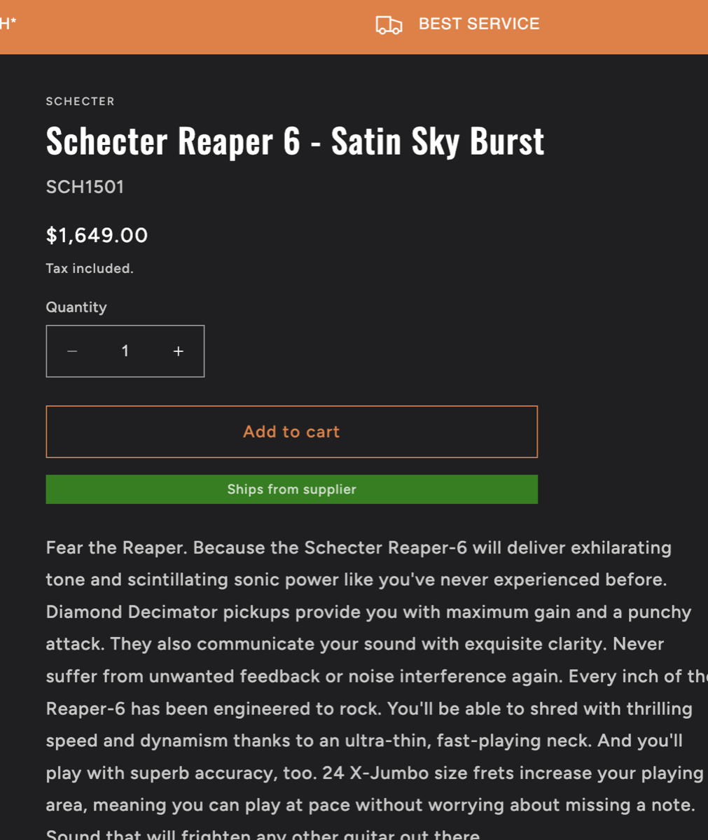 Guitar Brothers product page with add to cart enabled and a green Ships from supplier badge beneath it