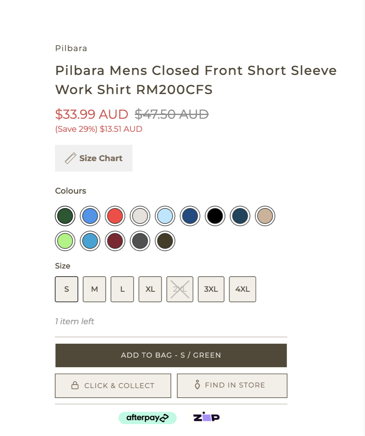 Titleys product page showing 14 colour swatches for one work shirt style, with size tiles below and one size struck through