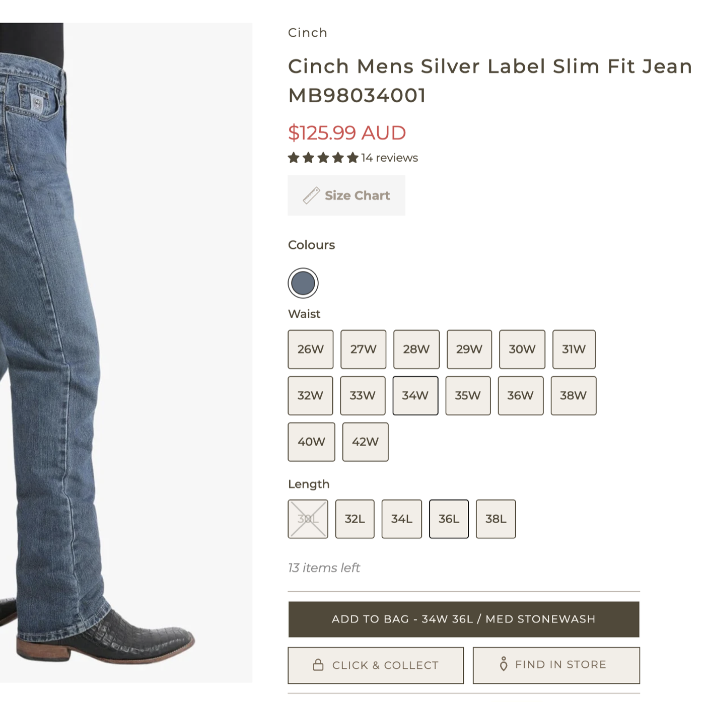 Titleys product page size selector, showing waist and length options as separate tile groups with unavailable lengths crossed out and a low-stock counter